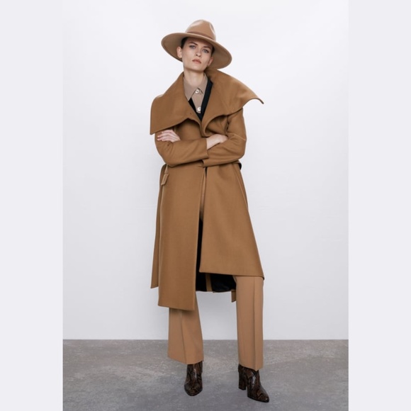 Zara Camel Wool Wrap Collar Coat - Picture 2 of 16